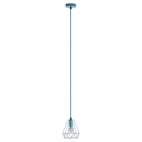 Modern pendant ceiling light with blue cable and geometric wire metal shade
