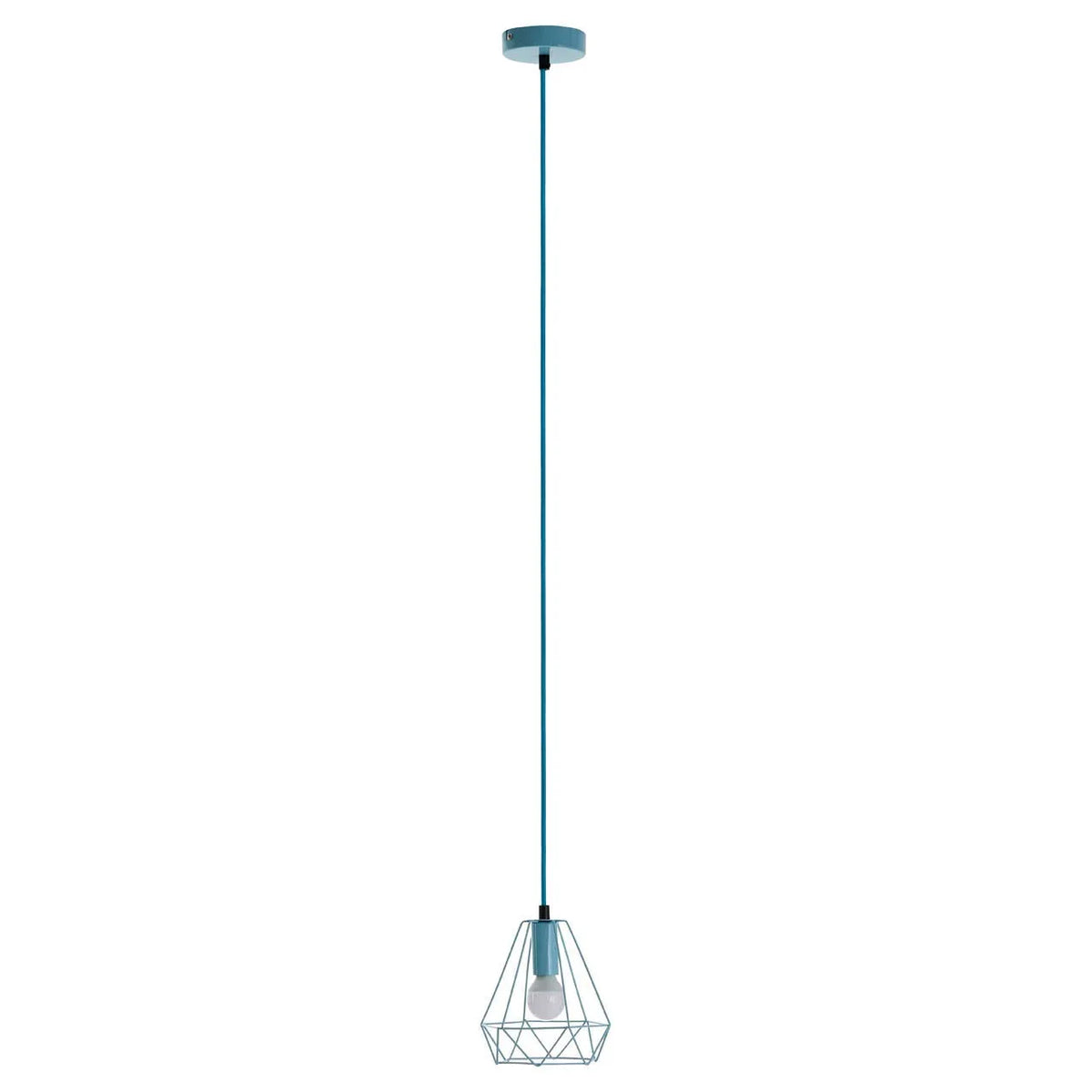 Modern pendant ceiling light with blue cable and geometric wire metal shade