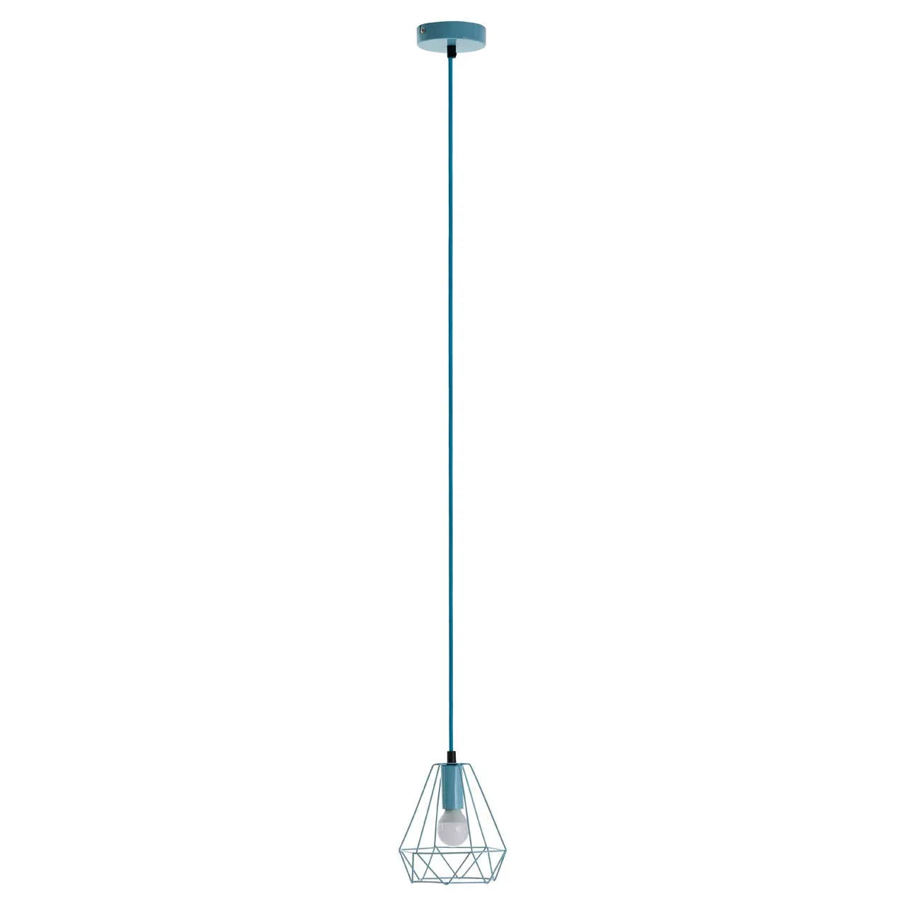Modern pendant ceiling light with blue cable and geometric wire metal shade
