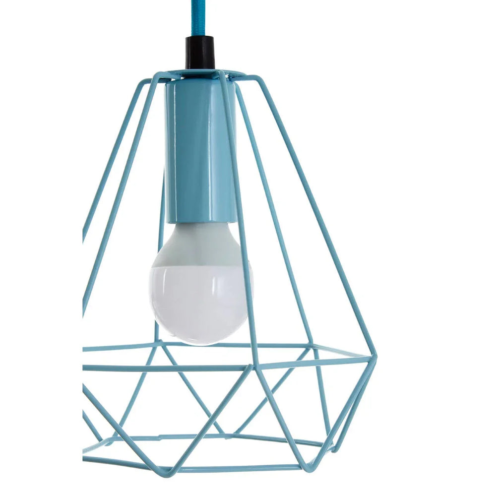 Blue metal wire pendant light with exposed bulb and geometric shade design