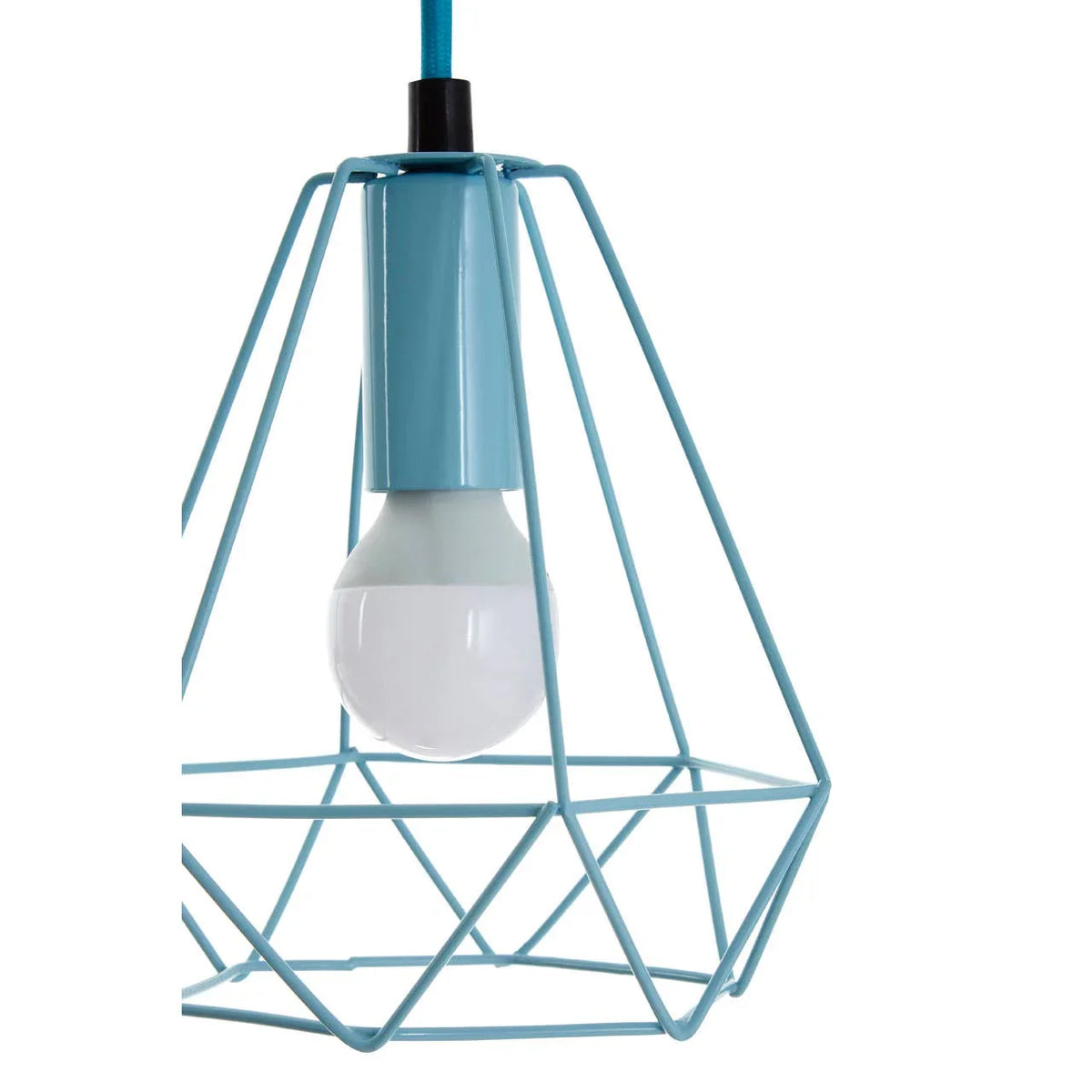Blue metal wire pendant light with exposed bulb and geometric shade design