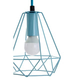 Blue metal wire pendant light with exposed bulb and geometric shade design