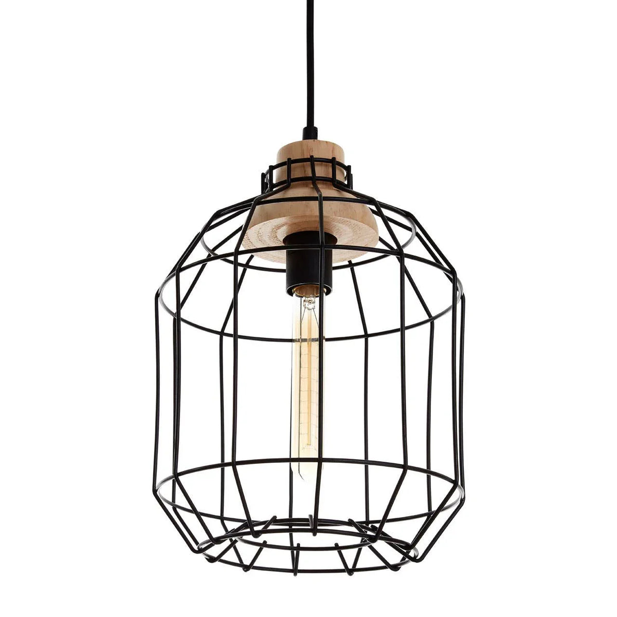 Industrial pendant light with black wire cage and exposed bulb, wood accent on top