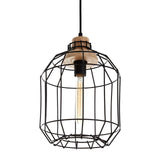 Industrial pendant light with black wire cage and exposed bulb, wood accent on top
