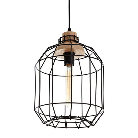 Industrial pendant light with black wire cage and exposed bulb, wood accent on top