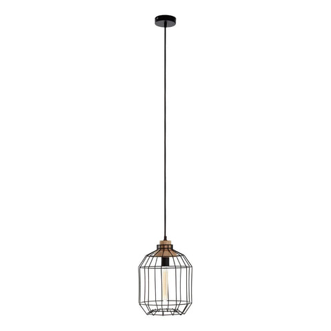 Black cage pendant light with exposed bulb and long cable, industrial style ceiling lighting