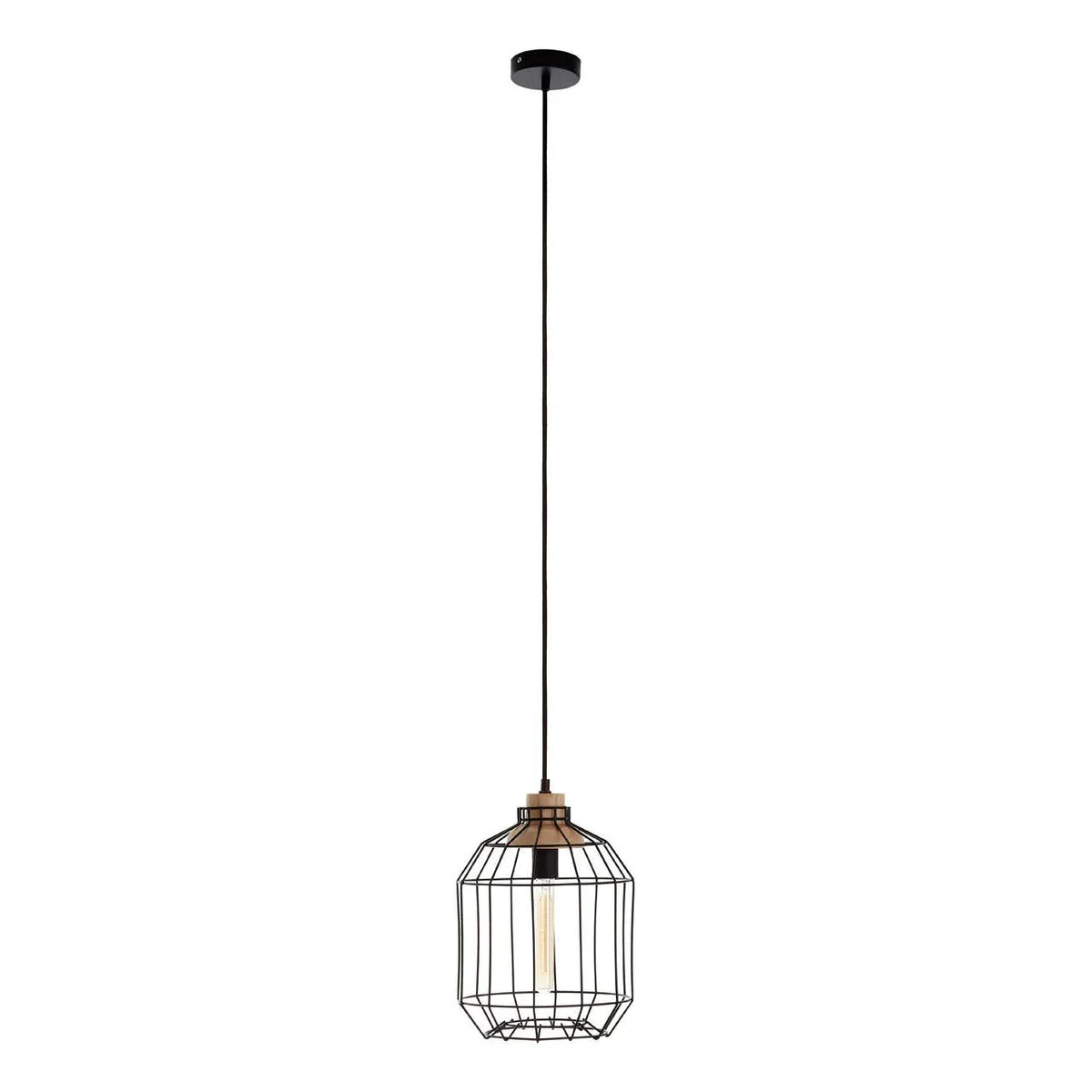 Black cage pendant light with exposed bulb and long cable, industrial style ceiling lighting