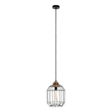 Black cage pendant light with exposed bulb and long cable, industrial style ceiling lighting