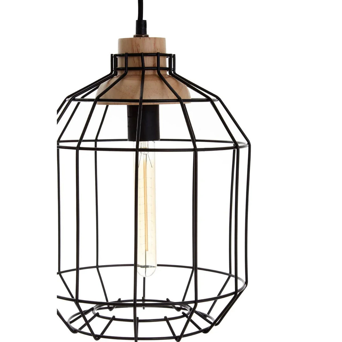 Black metal cage pendant light with wood detail and exposed bulb