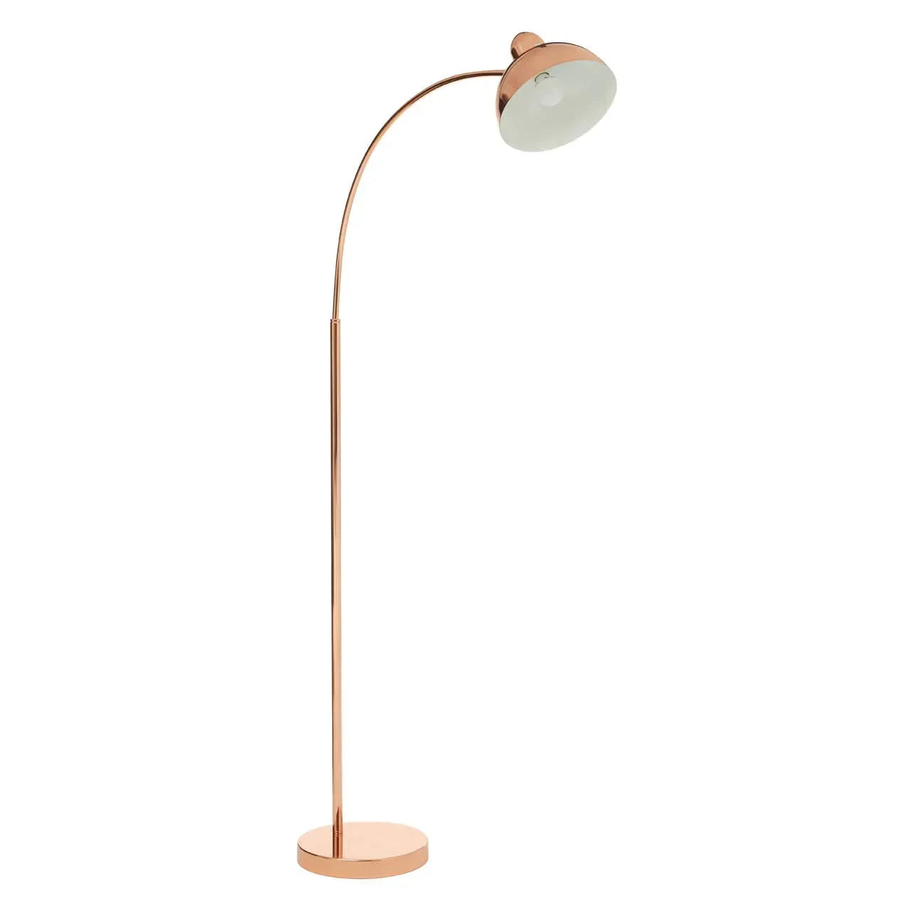 Copper floor lamp with curved stem and round base on white background