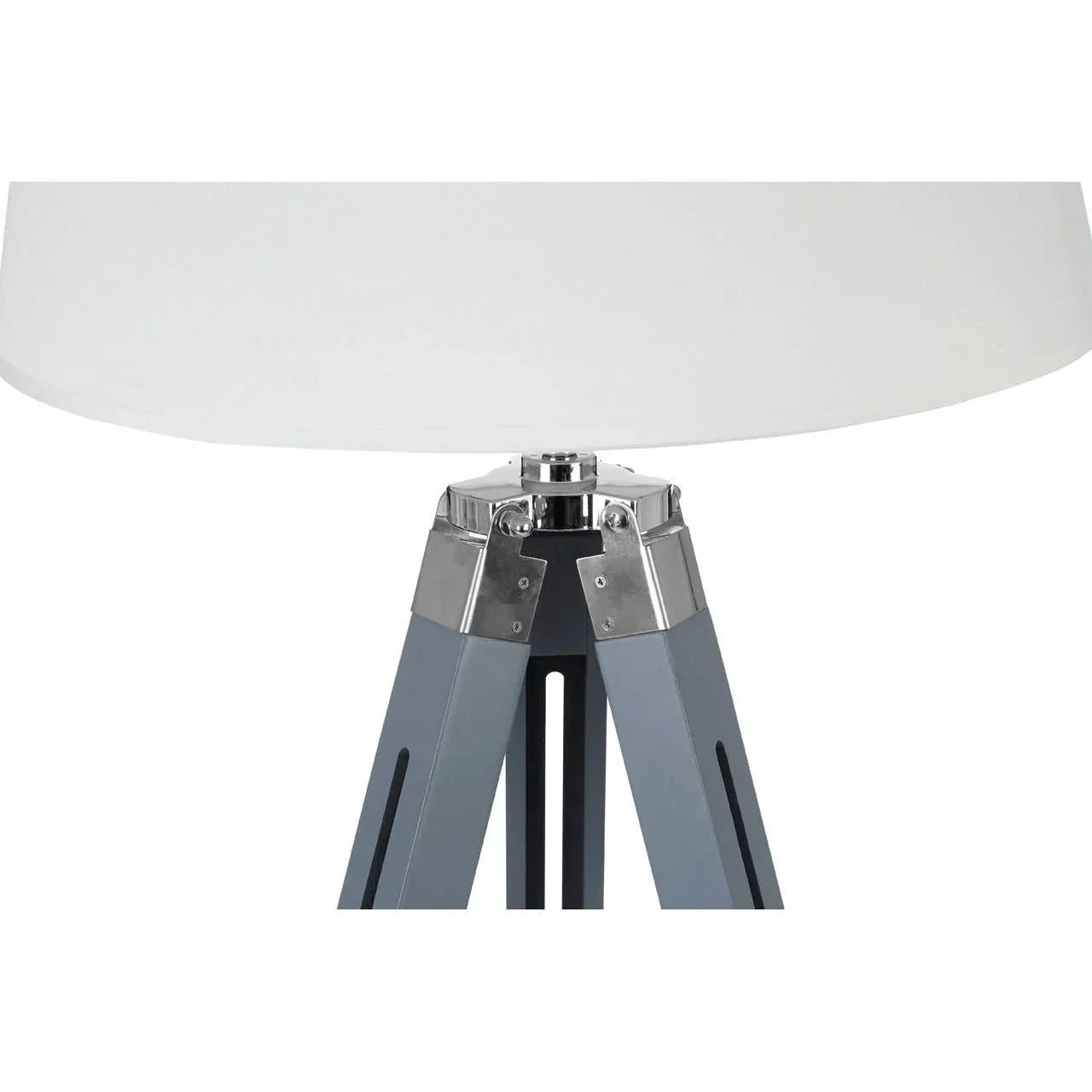 Grey tripod table lamp base with chrome fittings and white fabric lampshade