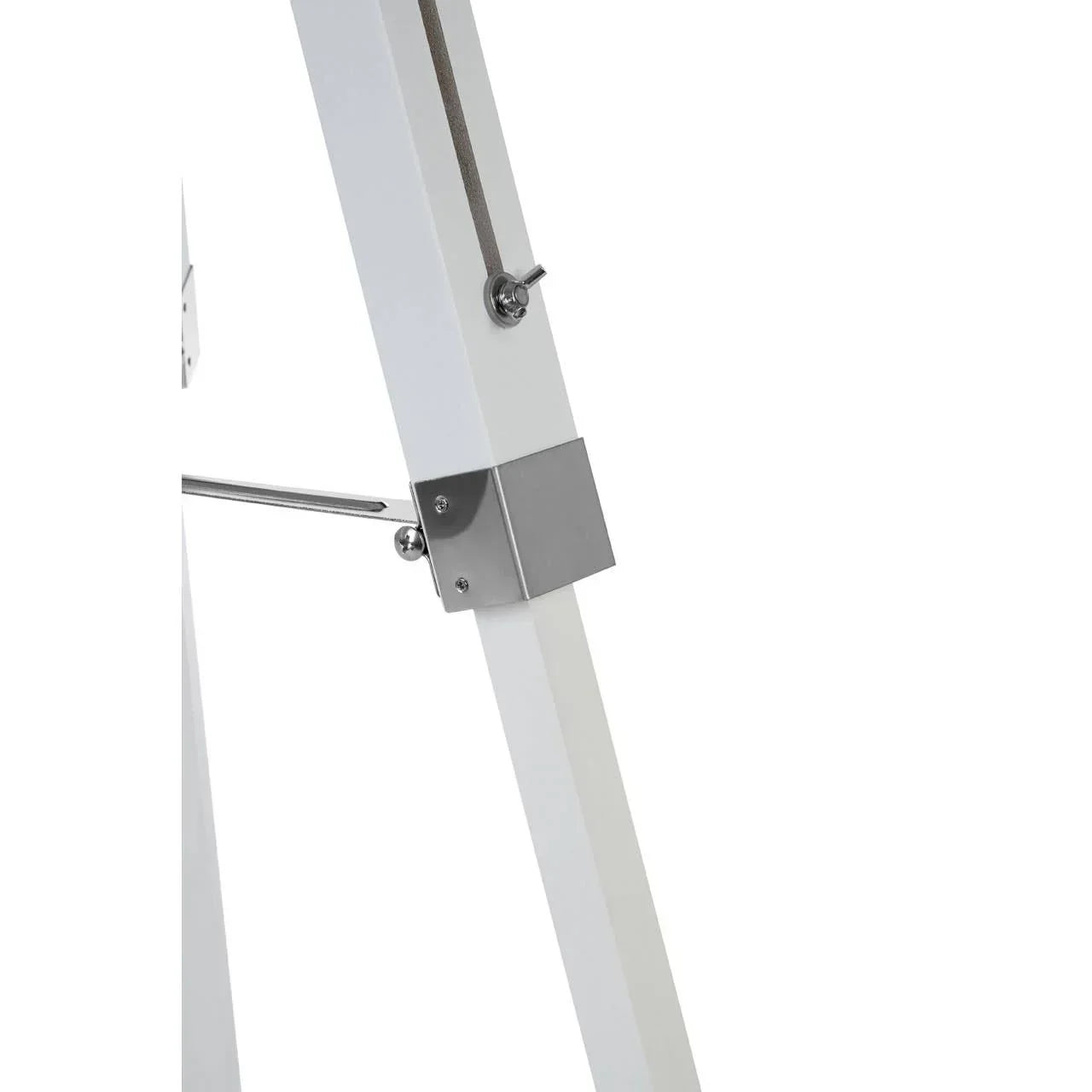 White wooden furniture leg with chrome metal bracket and hardware close-up
