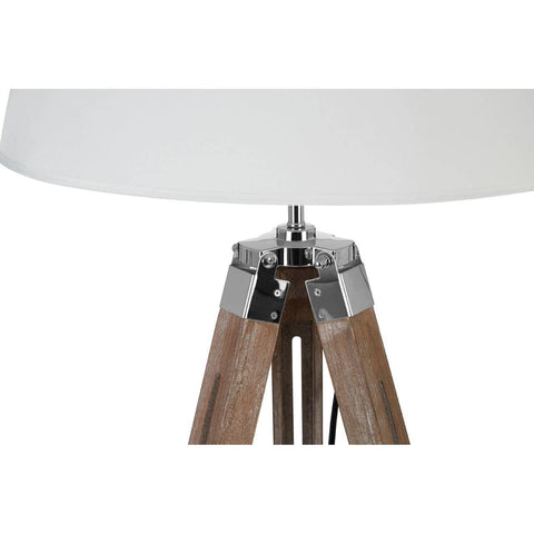 Tripod table lamp with white shade, chrome accents and wooden legs, close view