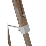 Close-up of wood tripod leg with metal hardware and wing nut fitting