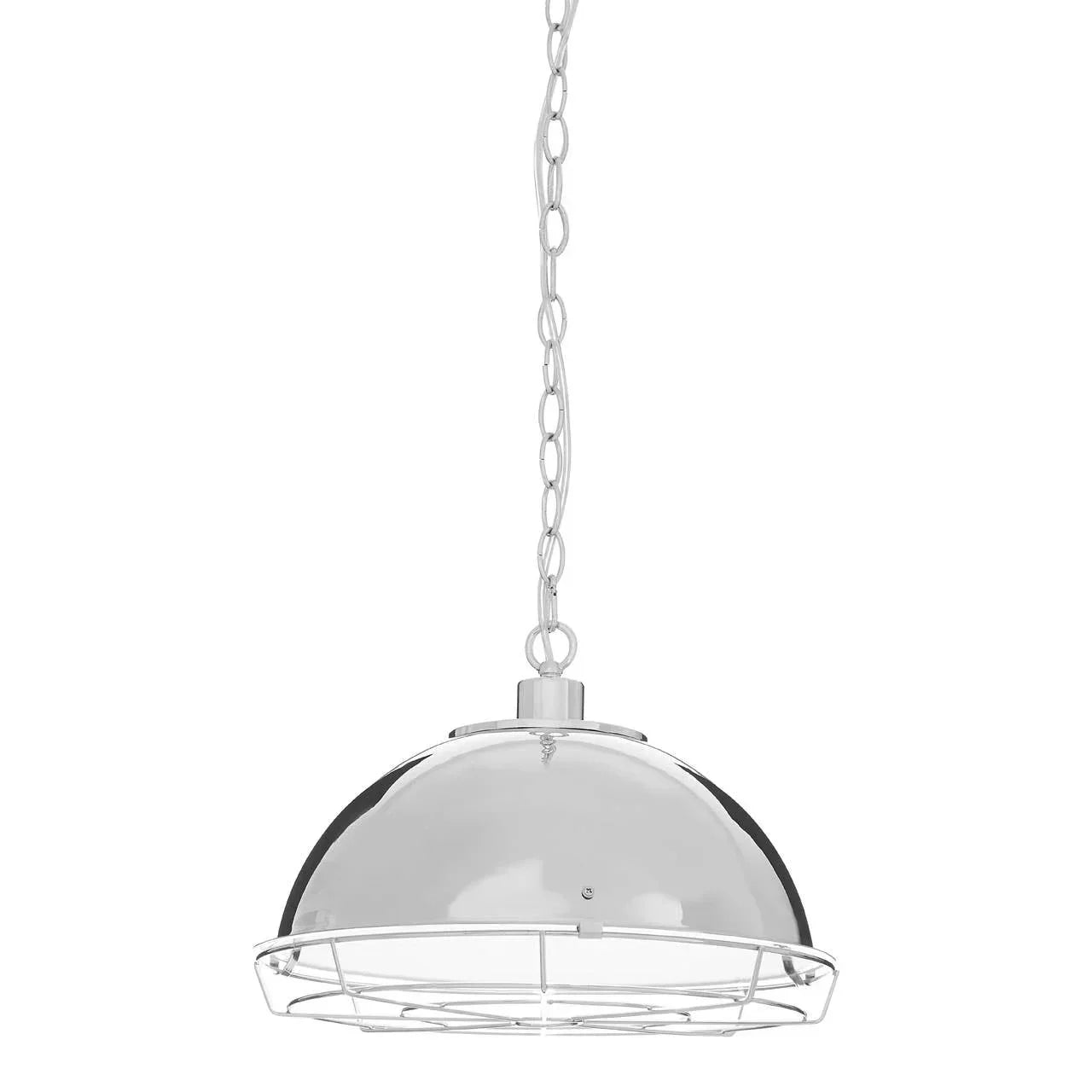 Chrome dome pendant ceiling light with metal cage detail and chain suspension