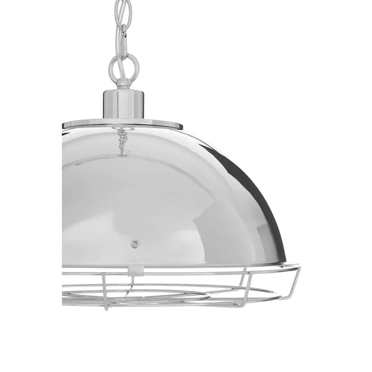 Chrome pendant light with dome-shaped metal shade and protective wire cage, close-up view