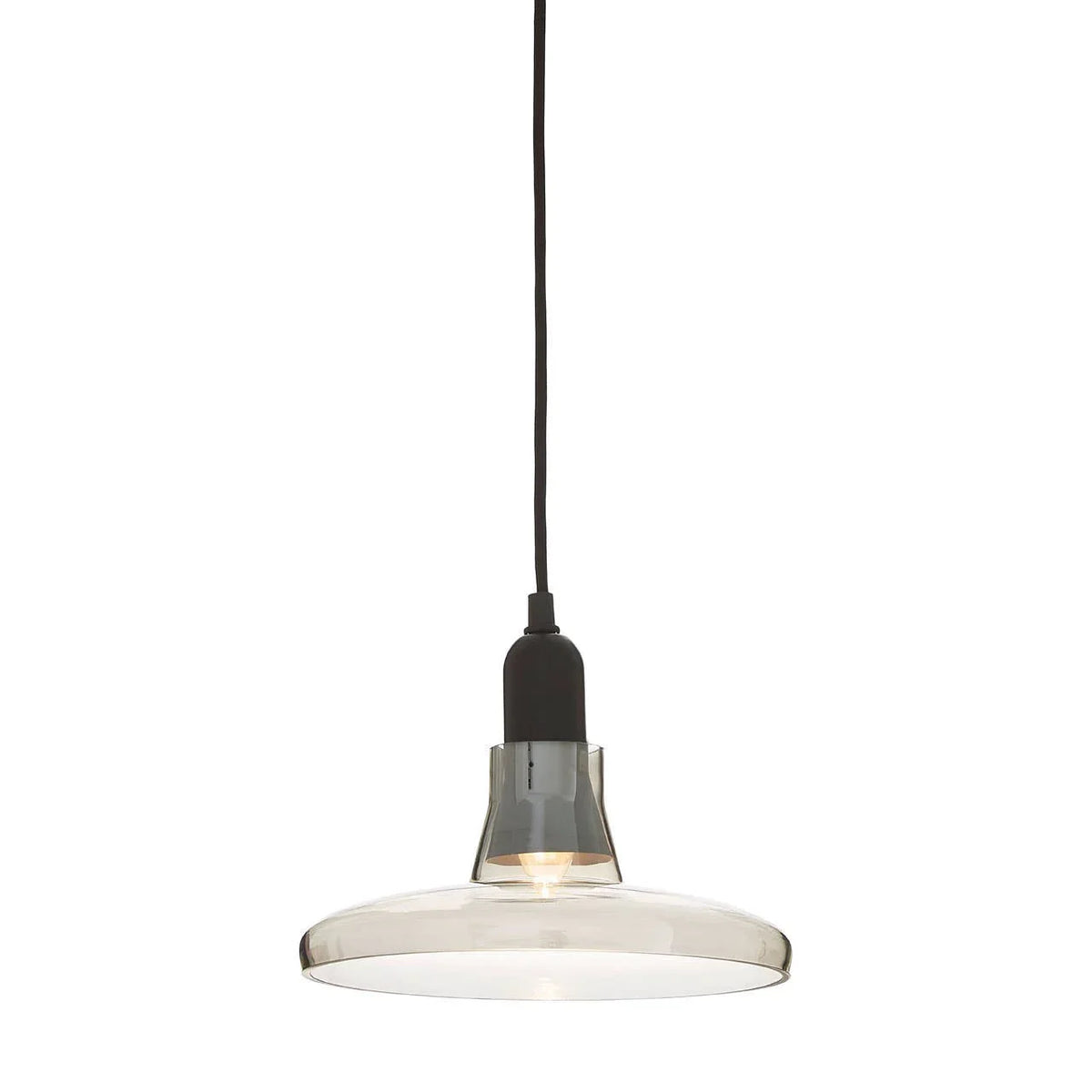 Clear glass pendant light with black fitting and exposed bulb on white background