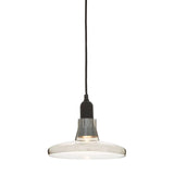 Clear glass pendant light with black fitting and exposed bulb on white background