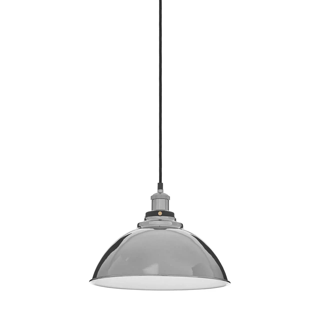Grey metal pendant light with dome shade and black cord, front view