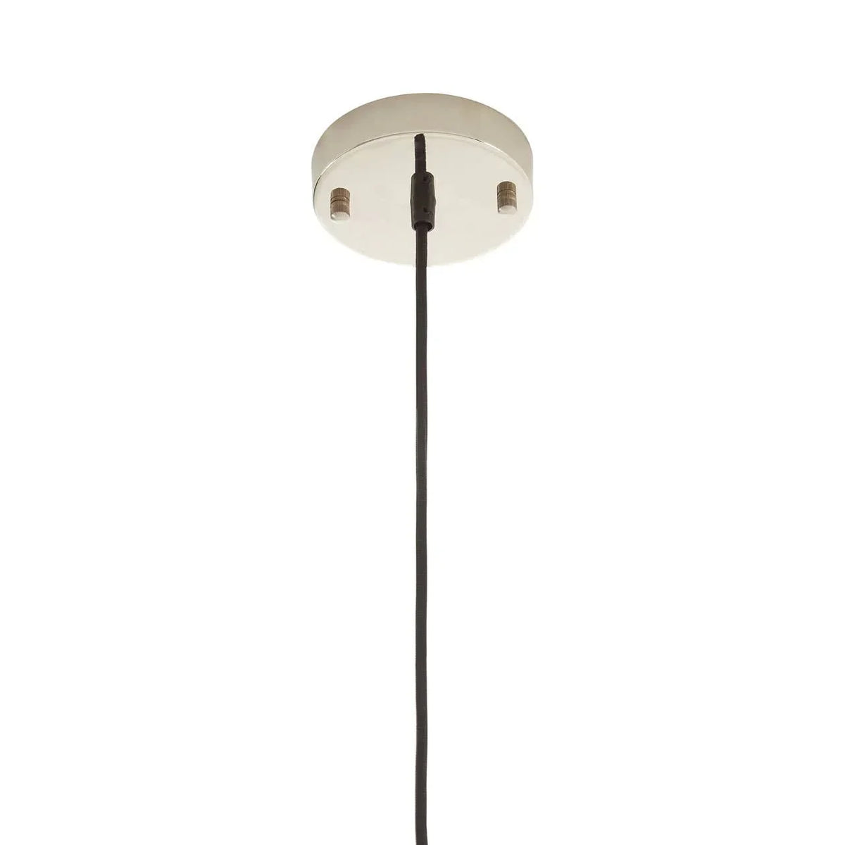 Chrome ceiling light fitting with black pendant cable, close-up view of mount