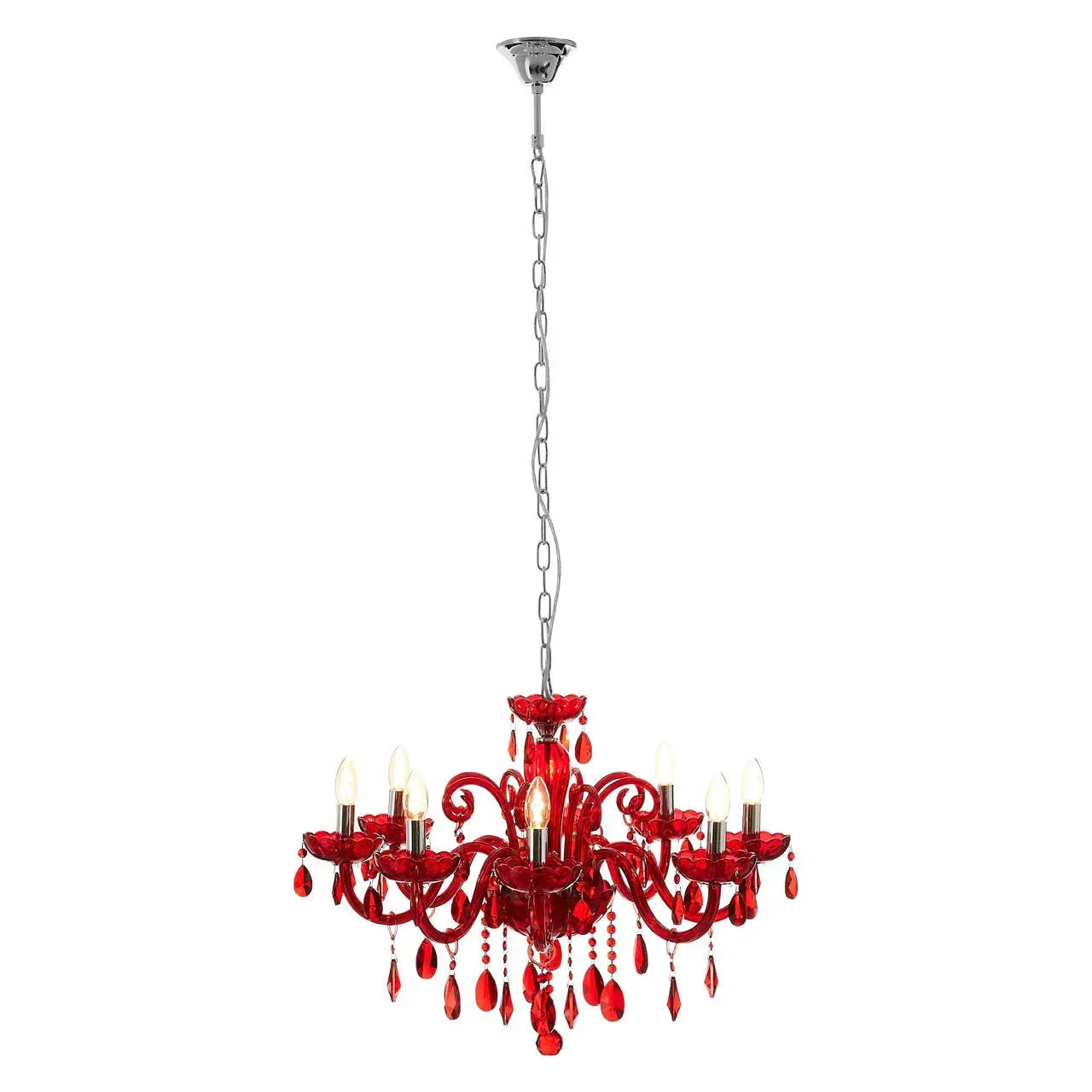 Red crystal chandelier with eight arms and hanging glass droplets on chrome chain