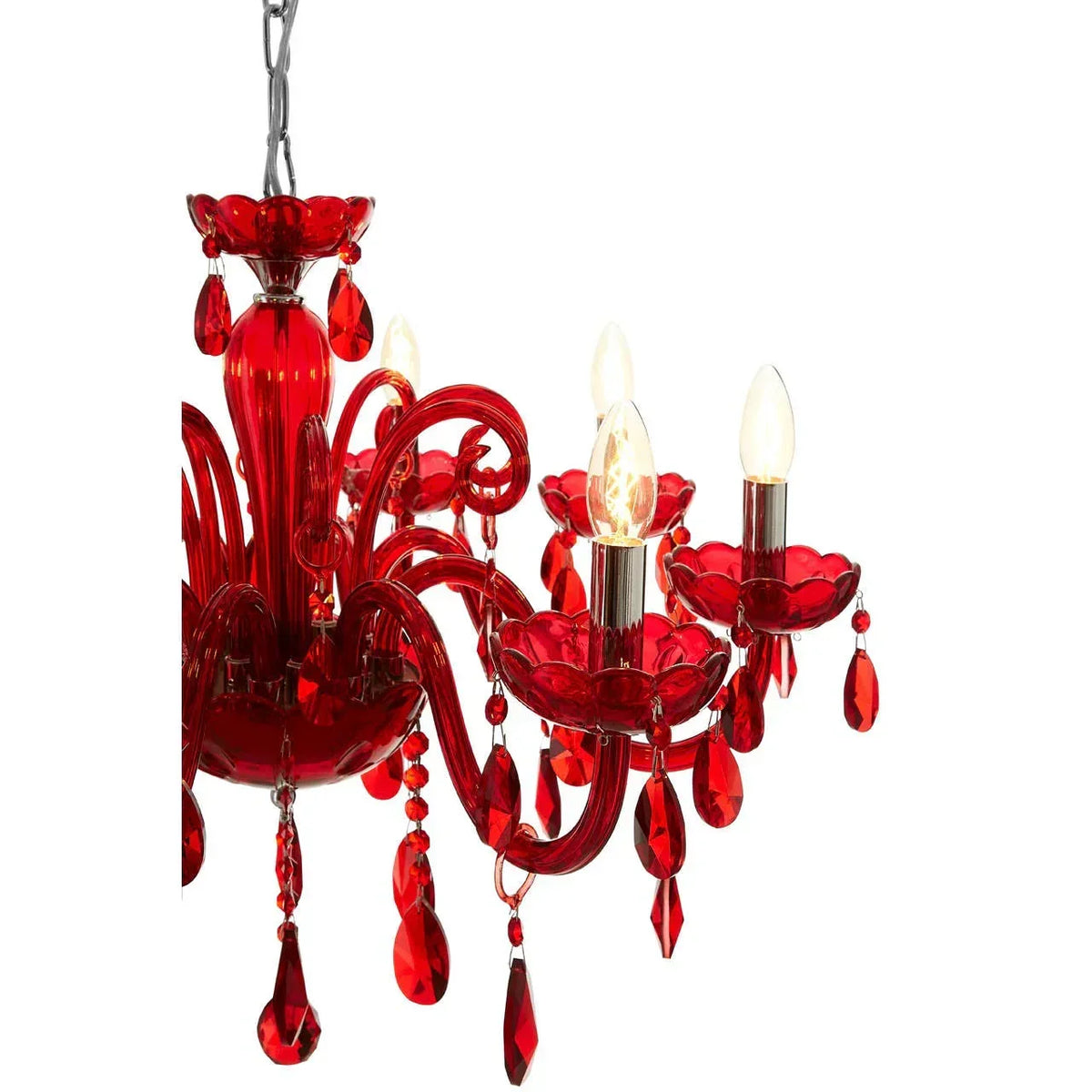 Red glass chandelier with crystal droplets and candle-style bulbs