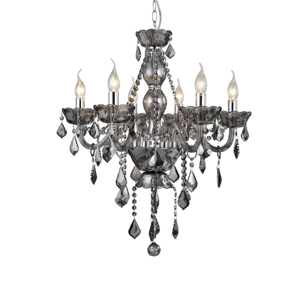 Black crystal chandelier with six candle lights and decorative hanging glass droplets