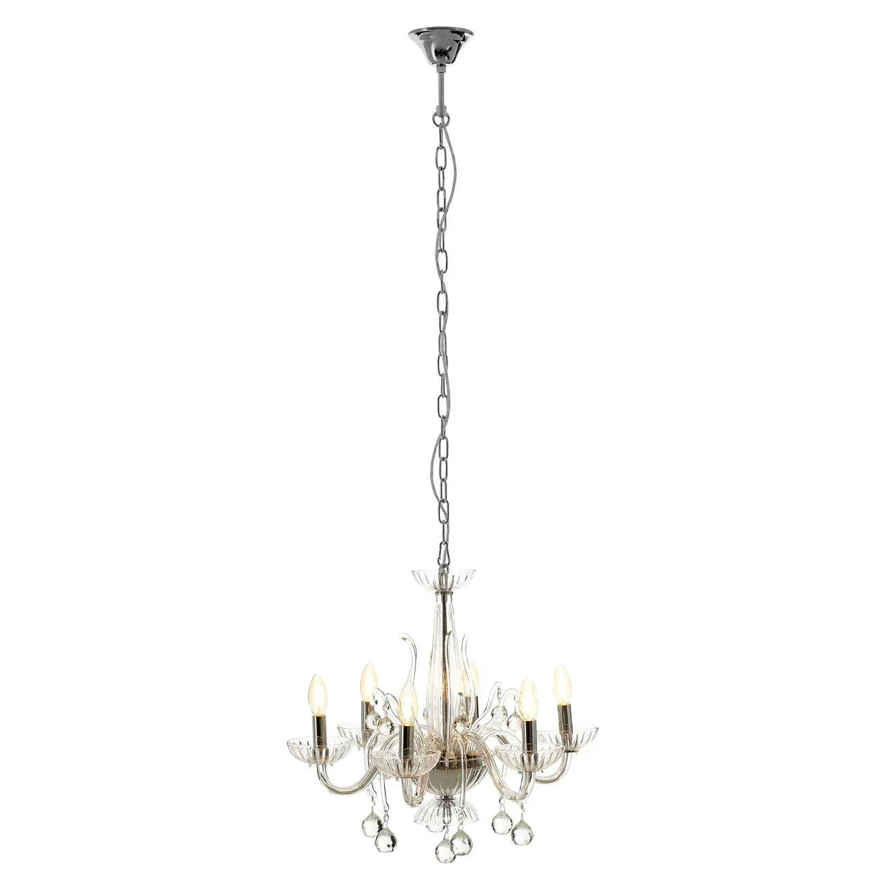 Glass chandelier with six candle-style bulbs and hanging crystals on chrome chain