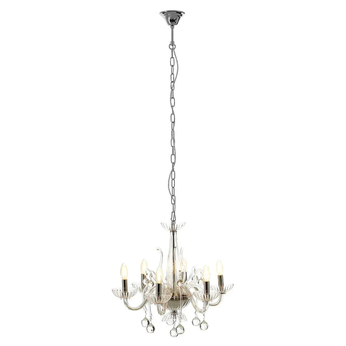 Glass chandelier with six candle-style bulbs and hanging crystals on chrome chain