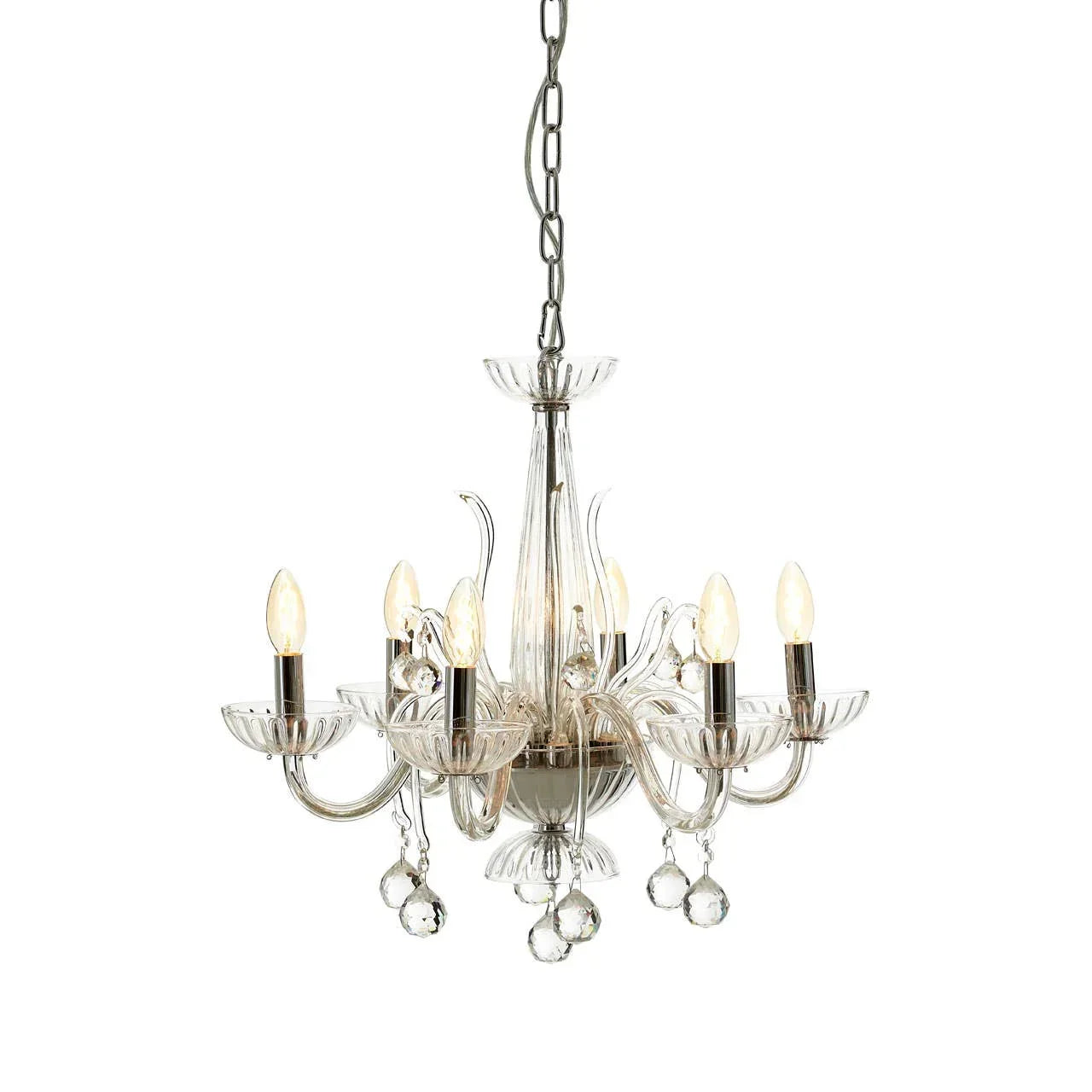 Glass chandelier with eight candle lights and crystal droplets, elegant ceiling lighting