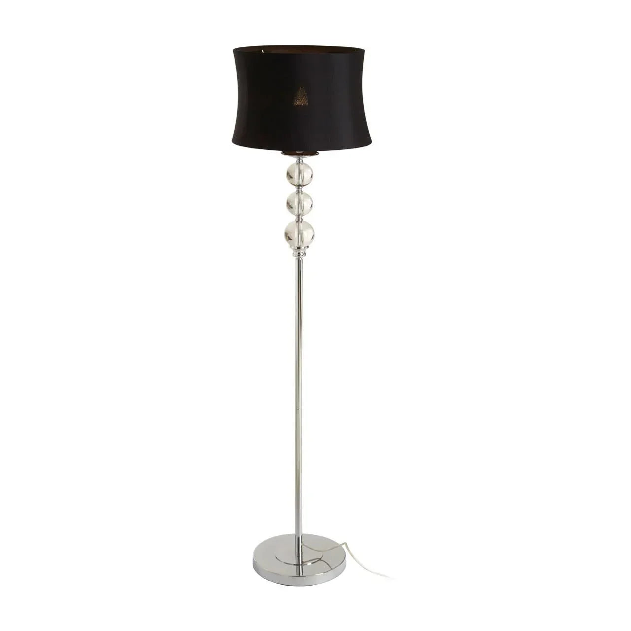 Chrome floor lamp with black shade and glass ball accents on stem