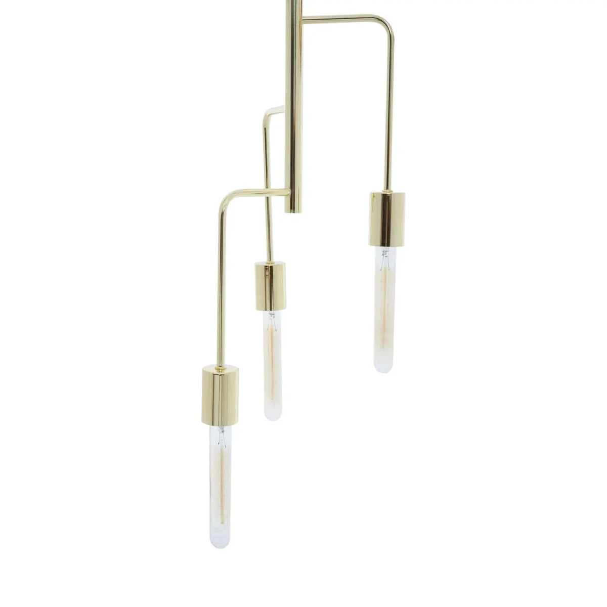 Modern gold pendant light with three tubular bulbs and sleek metal arms
