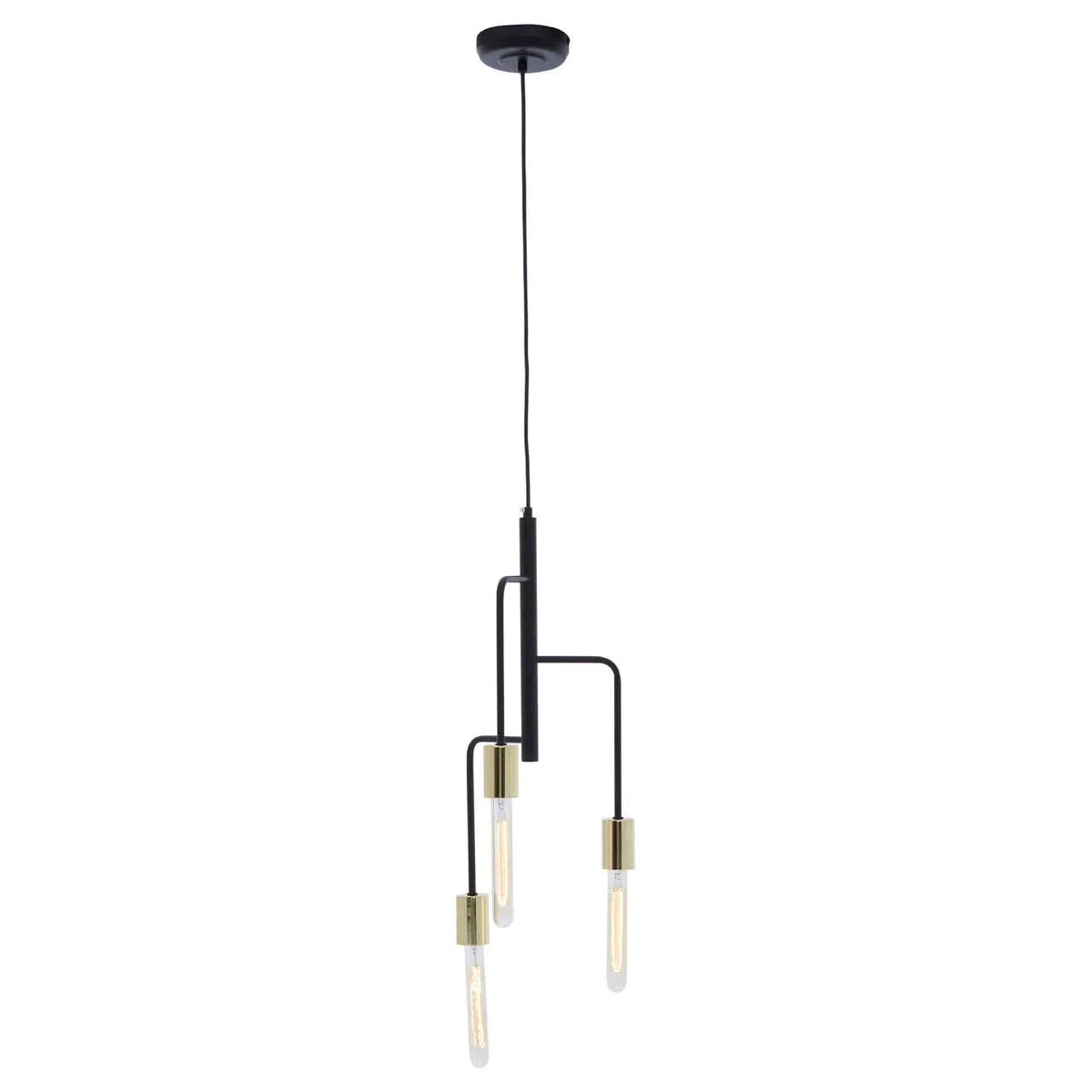Black pendant light with three staggered brass-topped arms and exposed bulbs