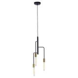 Modern pendant light with three exposed bulbs and gold fittings on a black frame