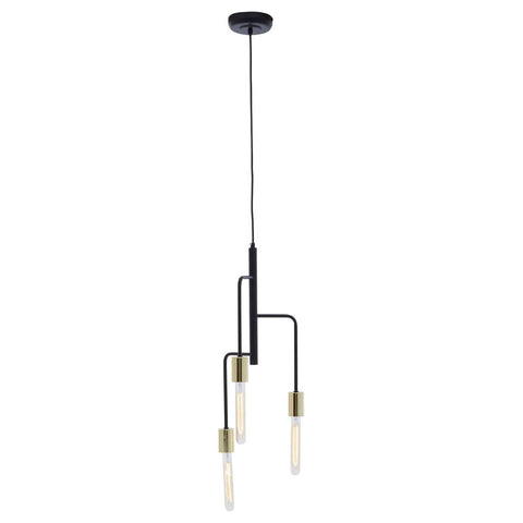 Modern black and gold pendant light with three exposed bulbs and metal fixture