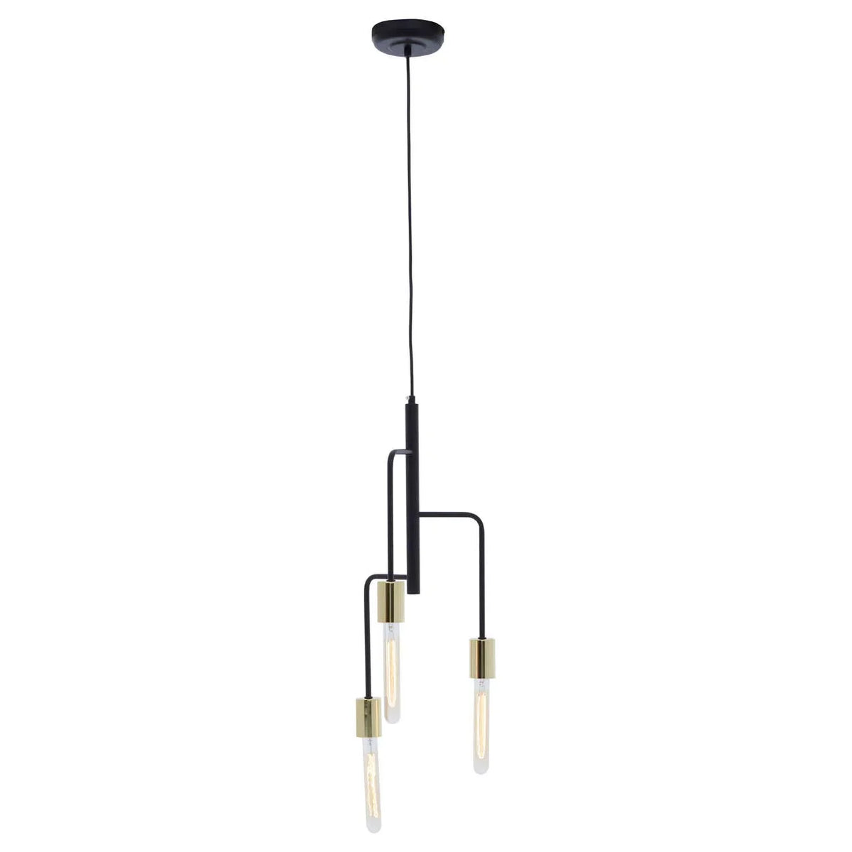 Modern black and gold pendant light with three exposed bulbs and metal fixture