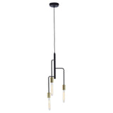 Modern black and gold pendant light with three exposed bulbs and metal fixture