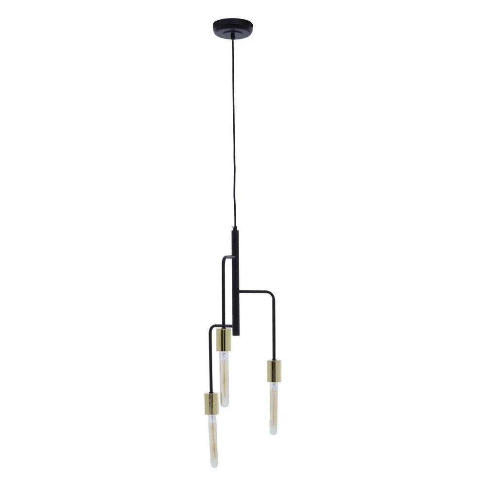 Modern black pendant light with three gold bulb holders hanging at different heights