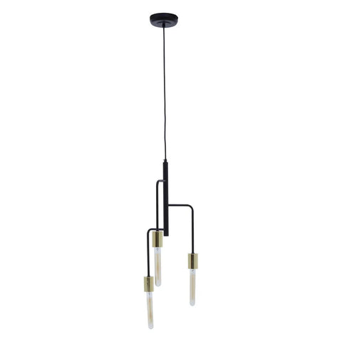 Modern black pendant light with three gold bulb holders hanging at different heights