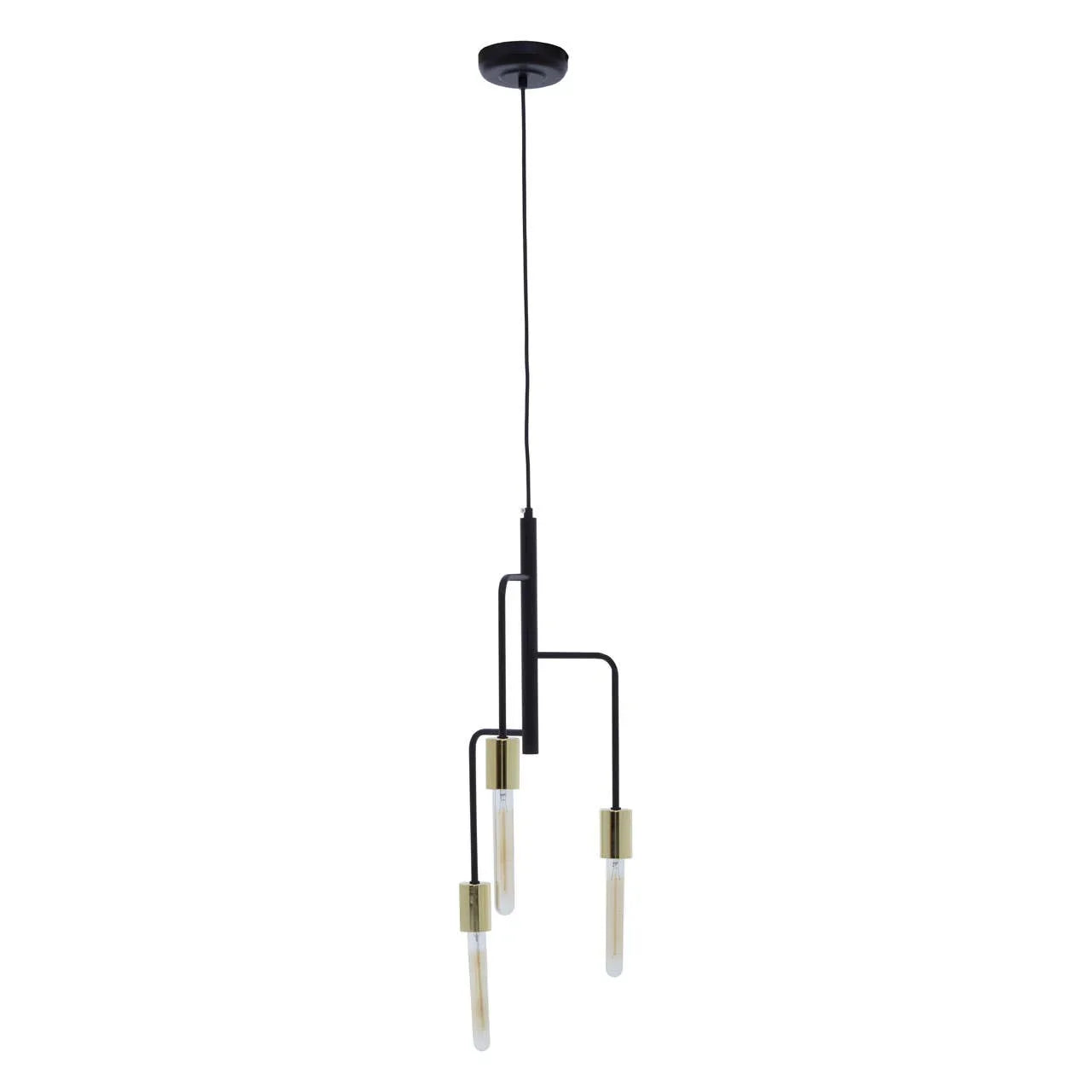 Modern black pendant light with three gold bulb holders hanging at different heights