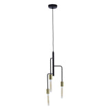 Modern black pendant light with three gold bulb holders hanging at different heights