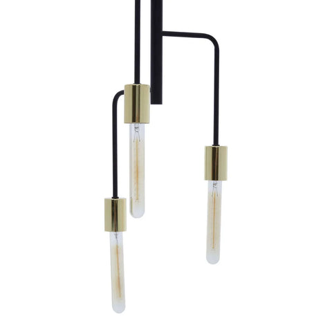 Modern pendant light with three gold metal sockets and exposed tube bulbs on black stems