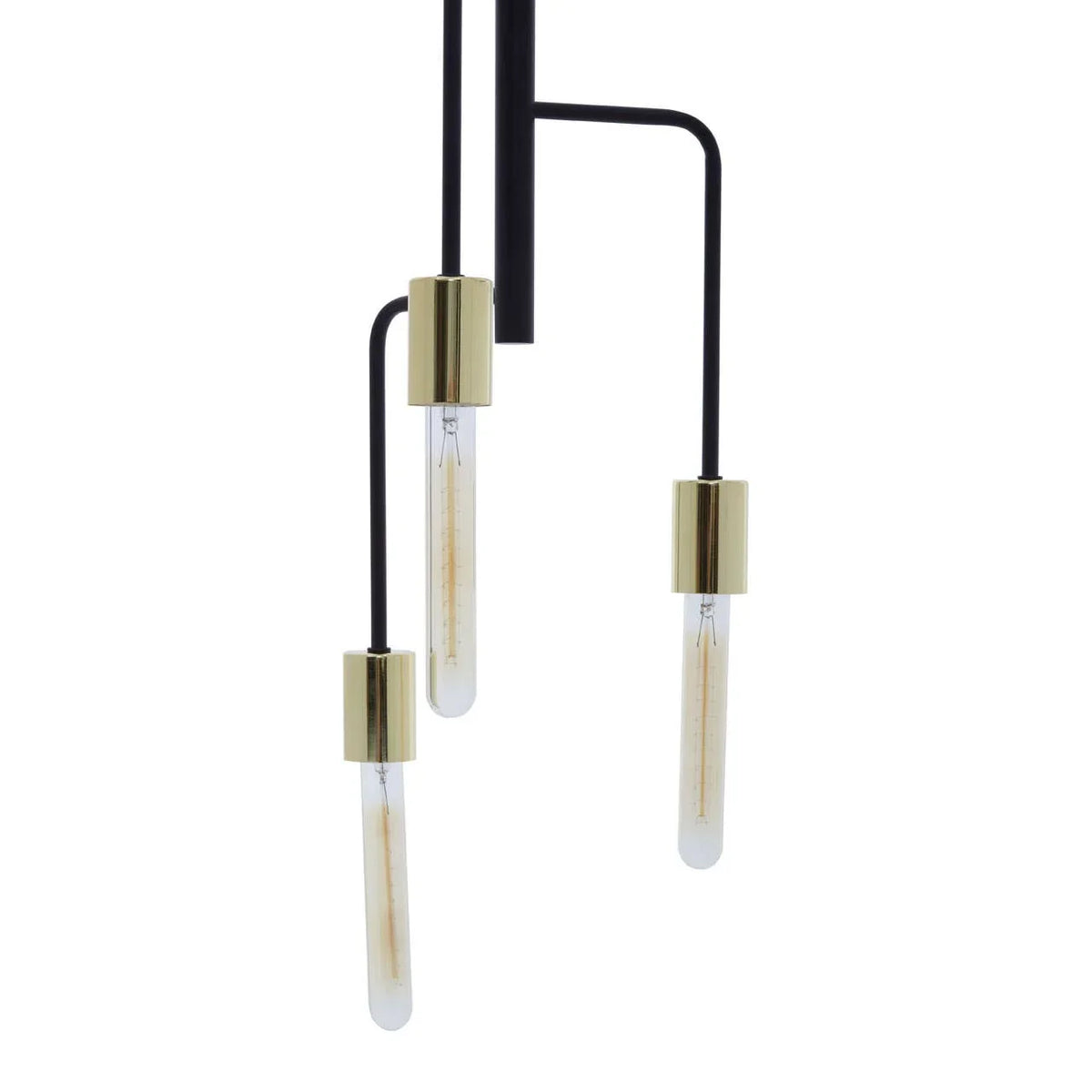 Modern pendant light with three gold metal sockets and exposed tube bulbs on black stems