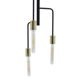 Modern pendant light with three gold metal sockets and exposed tube bulbs on black stems