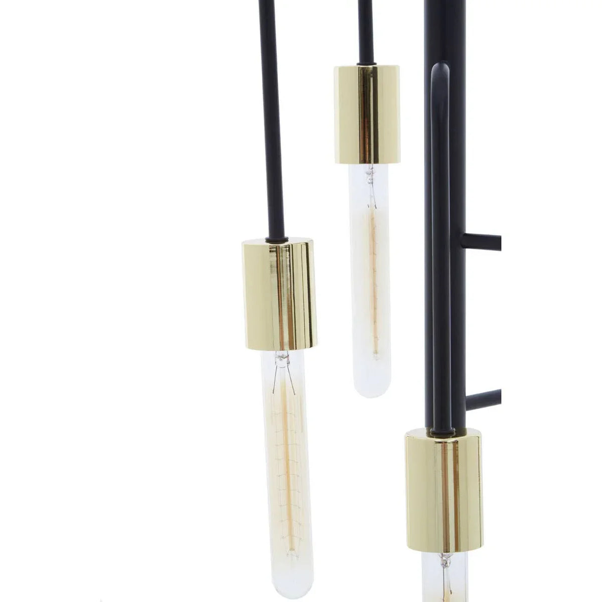 Modern pendant light with black rods and gold bulb holders, clear tubular bulbs visible