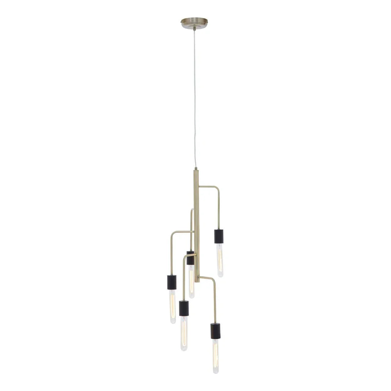 Modern brass ceiling light fixture with five exposed bulbs and black fittings