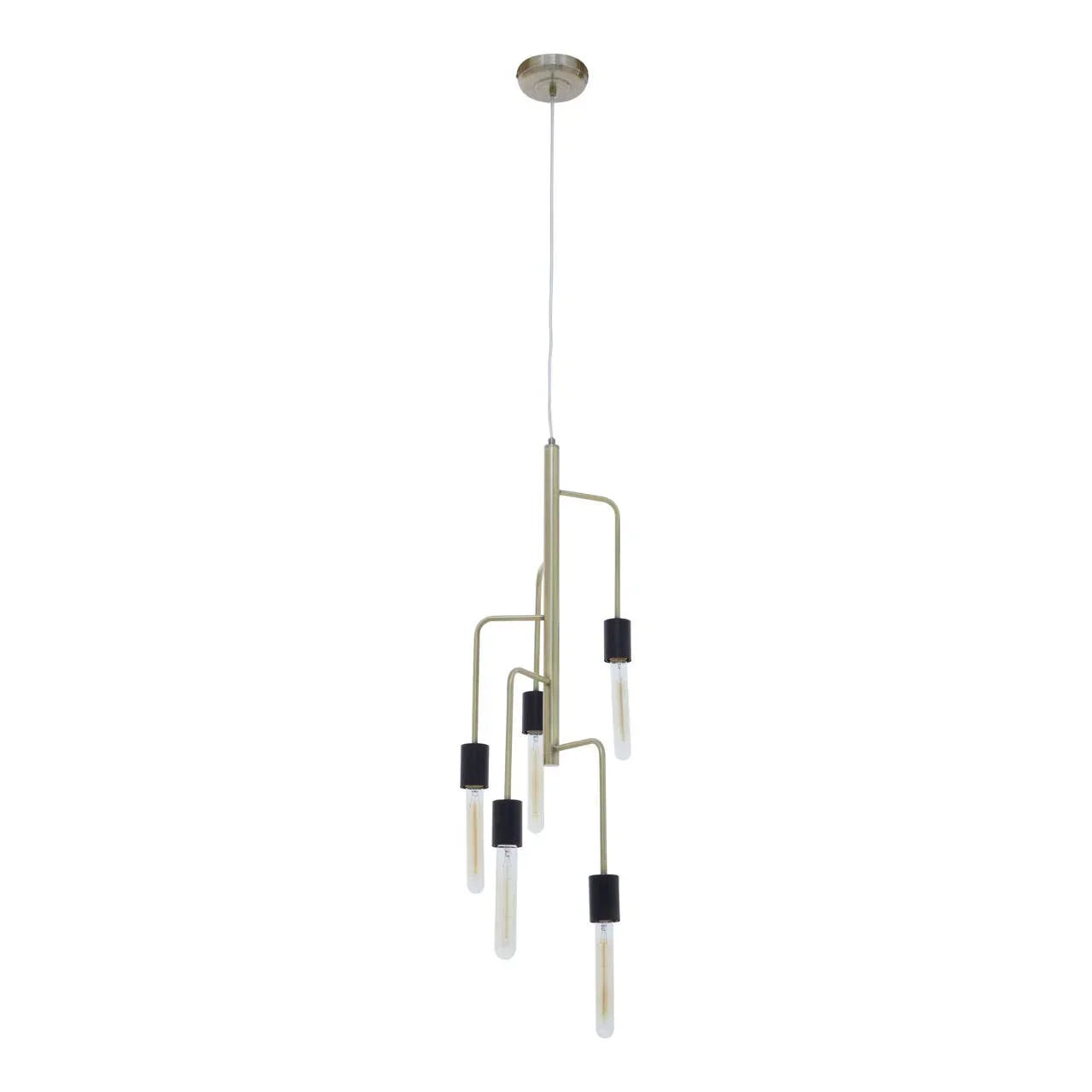 Modern brass pendant light with five exposed bulbs and black sockets on white background