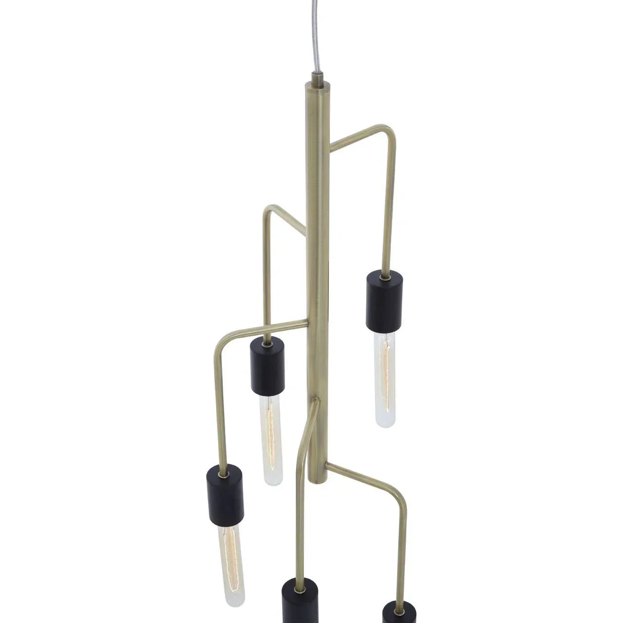 Modern gold metal pendant light with exposed tube bulbs and black fittings, hanging view