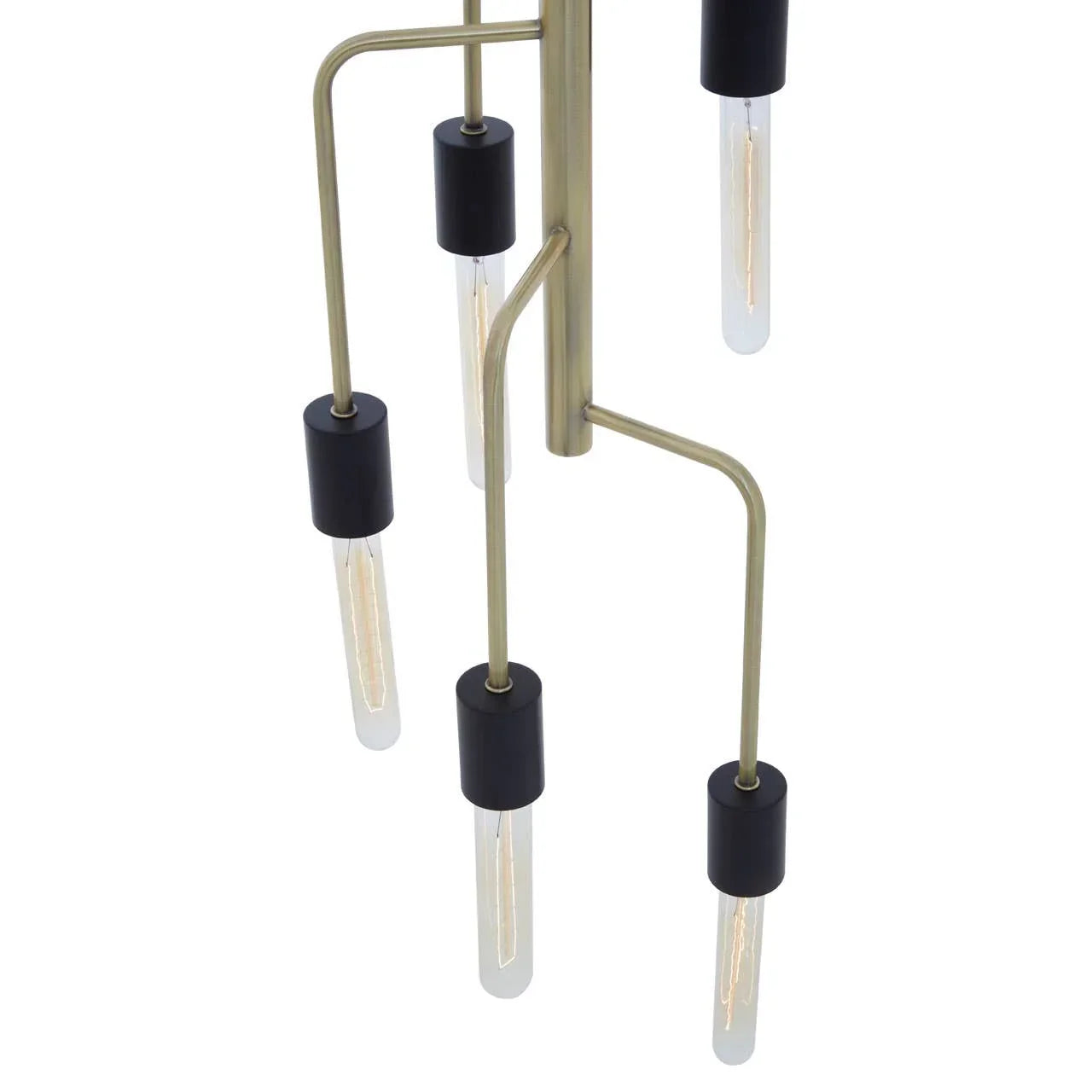 Brass and black pendant light with five tubular bulbs hanging at different heights