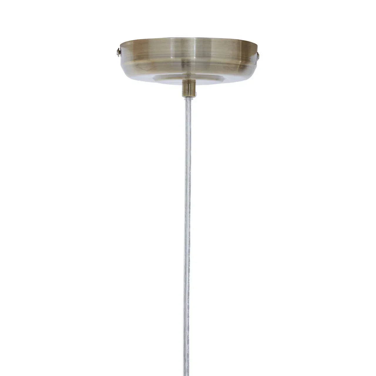 Brushed brass ceiling rose with metal rod for pendant light fitting, close-up view